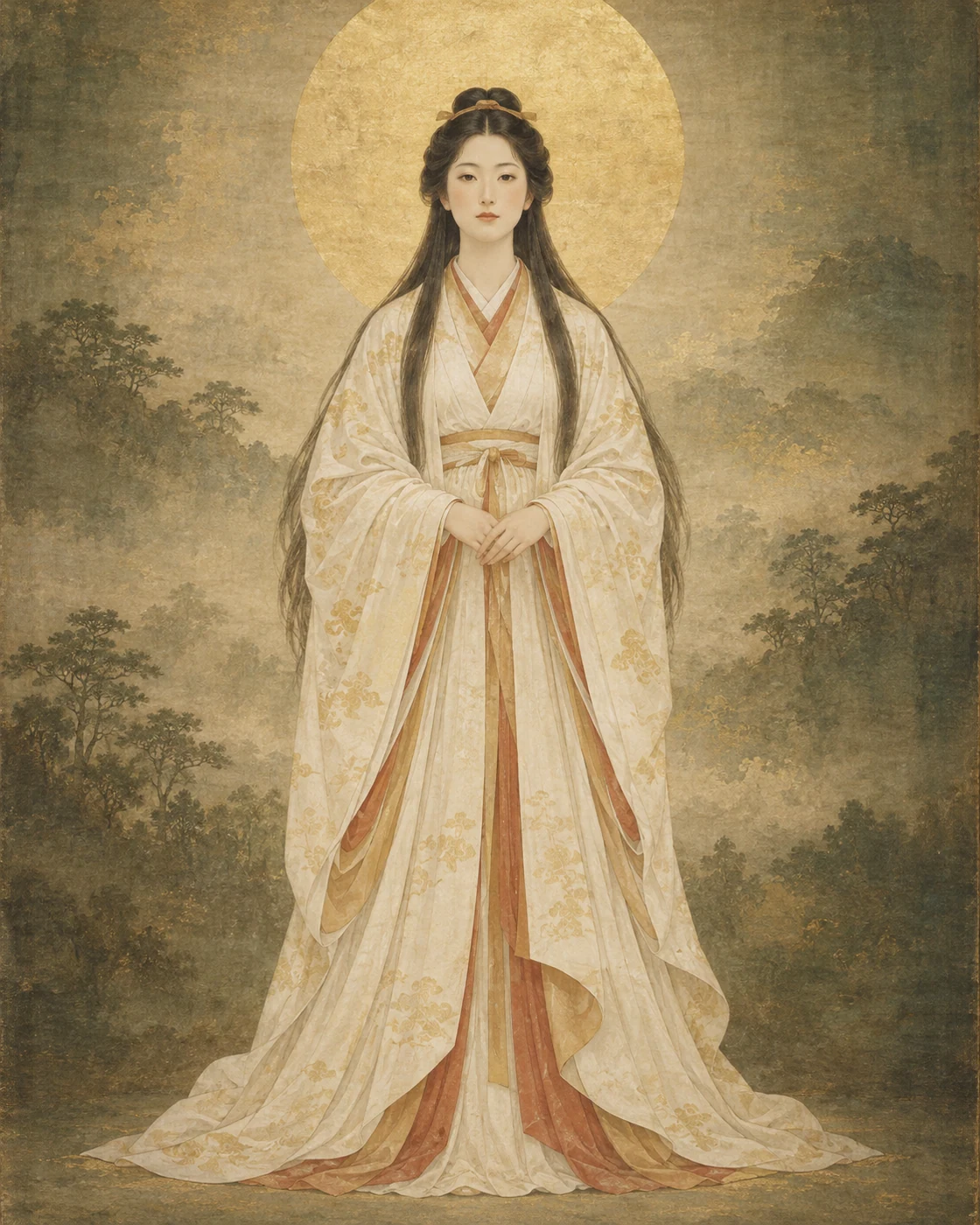 天照大御神を題材に、淡い日輪と重なる衣を描いたAIによる創作画