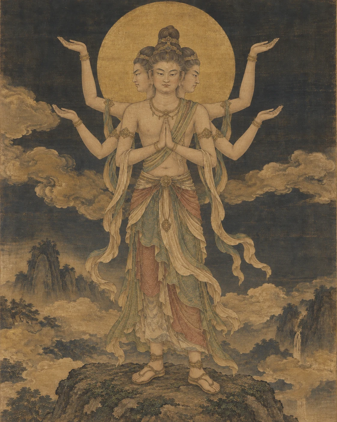 Ashura with exactly three faces and six arms, the front hands joined in prayer; full standing figure.