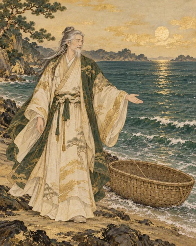 白髪と髭のある塩椎神が、編んだ小舟のそばで海へ手を向ける全身像