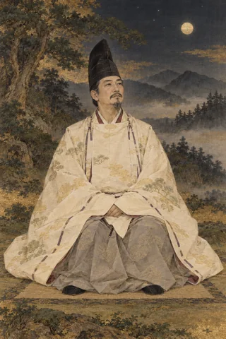 烏帽子と淡い衣を身につけ、静かに夜空を見上げる安倍晴明公。座った全身のお姿。