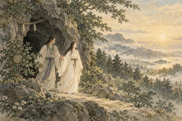 A scene from Kojiki: The heavenly rock cave and returning light