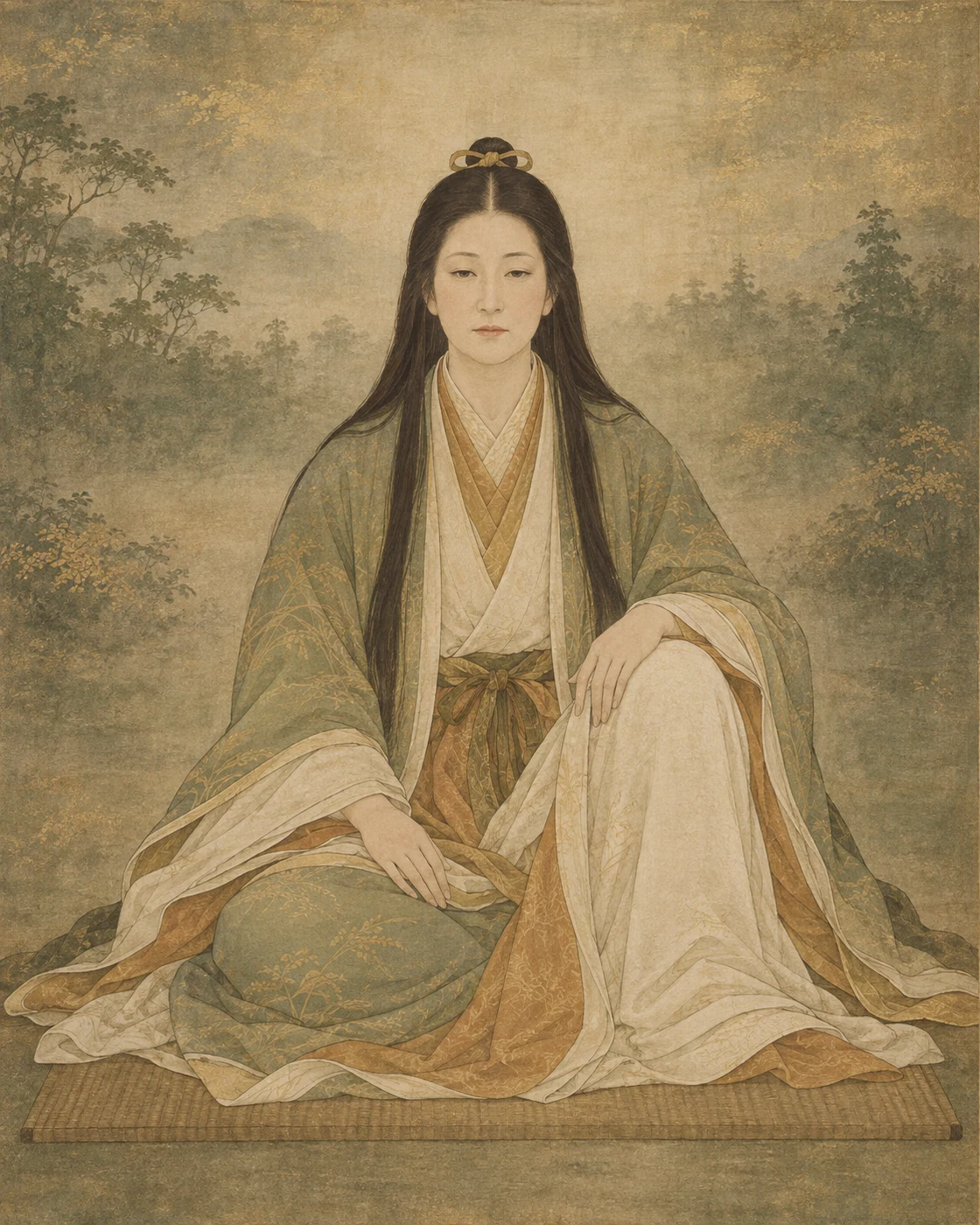 宇迦之御魂大神を題材に、長い髪と衣、一膝を立てた座る姿を描いたAIによる創作画