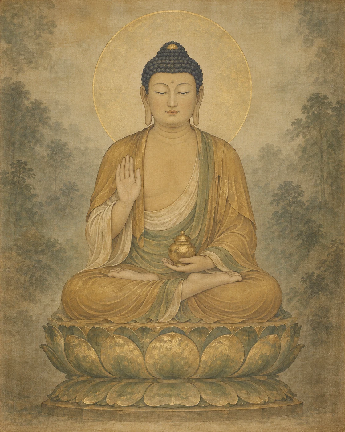 薬師如来を題材に、左手の薬壺と右手を上げた座像を描いたAIによる創作画